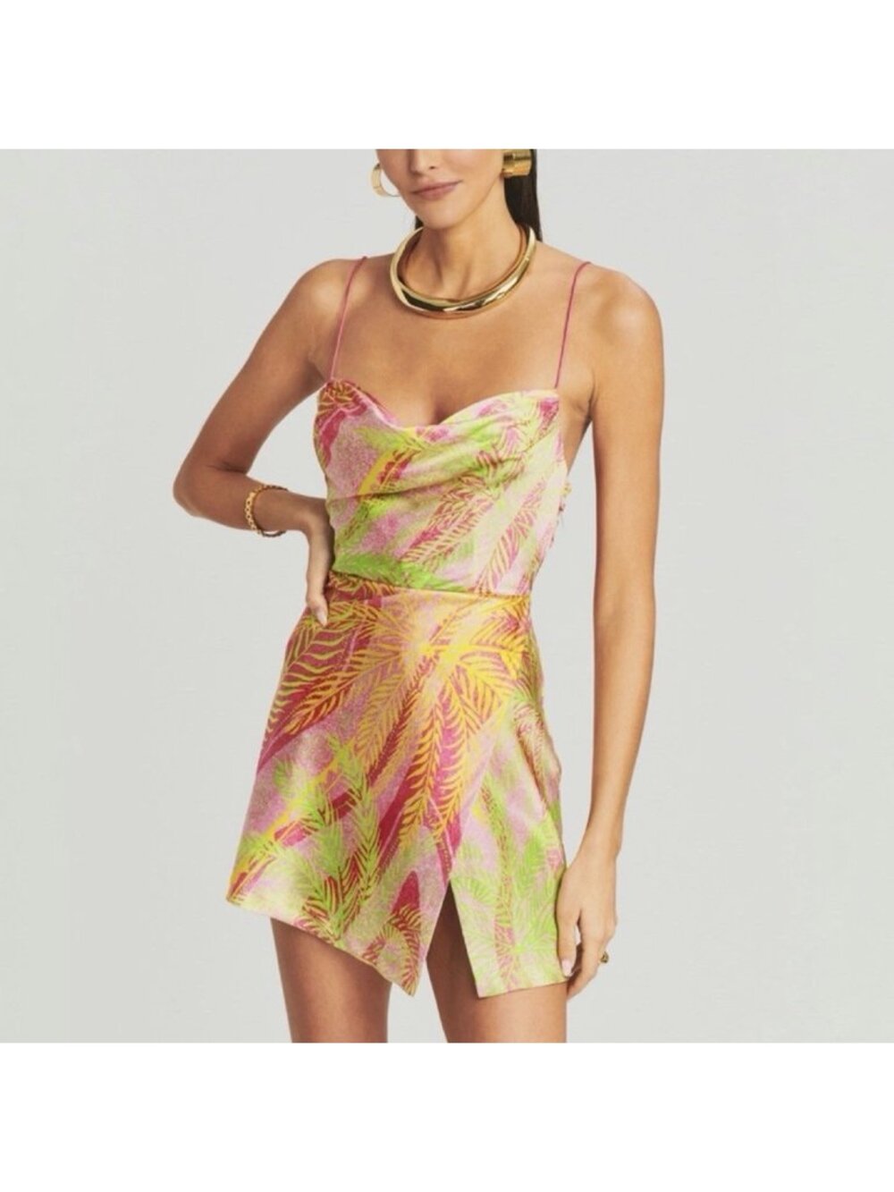 Retrofete Pink & Green Palm-Print Mini Dress